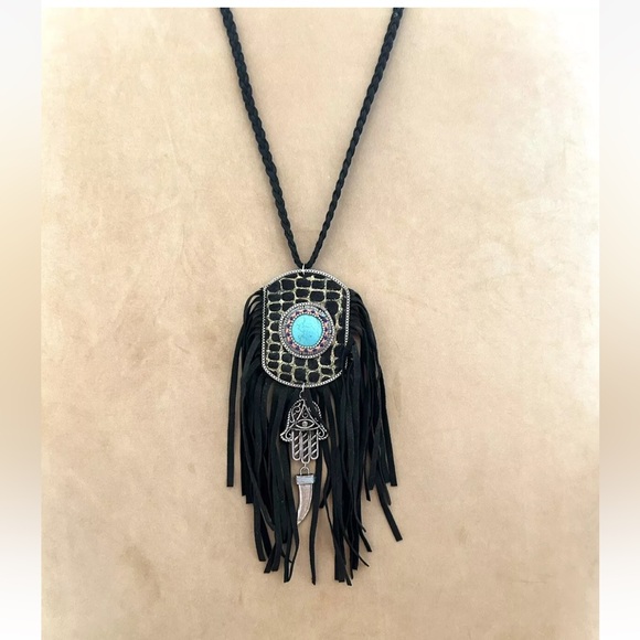 Faux Leather Faux Turquoise Fringe Hamsa Horn Beaded Long Pended Necklace - Picture 1 of 10